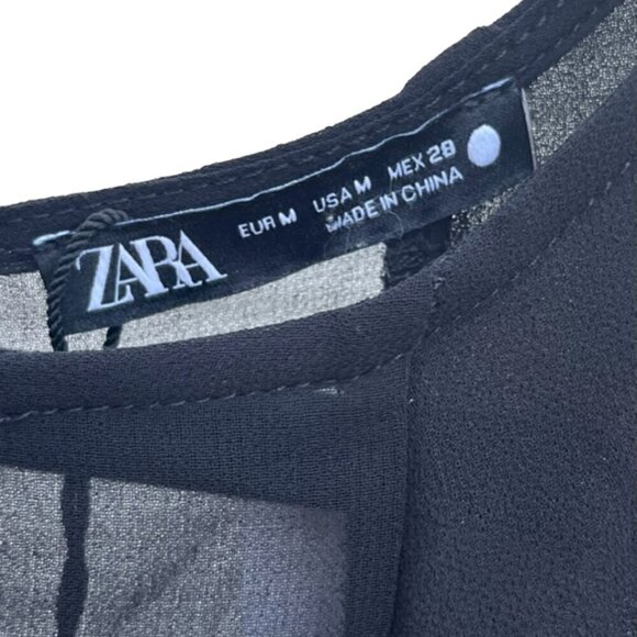 ZARA NWOT Chiffon Ruffled Black Mini Dress Long Sleeve Round Neck Size Medium - Picture 6 of 14